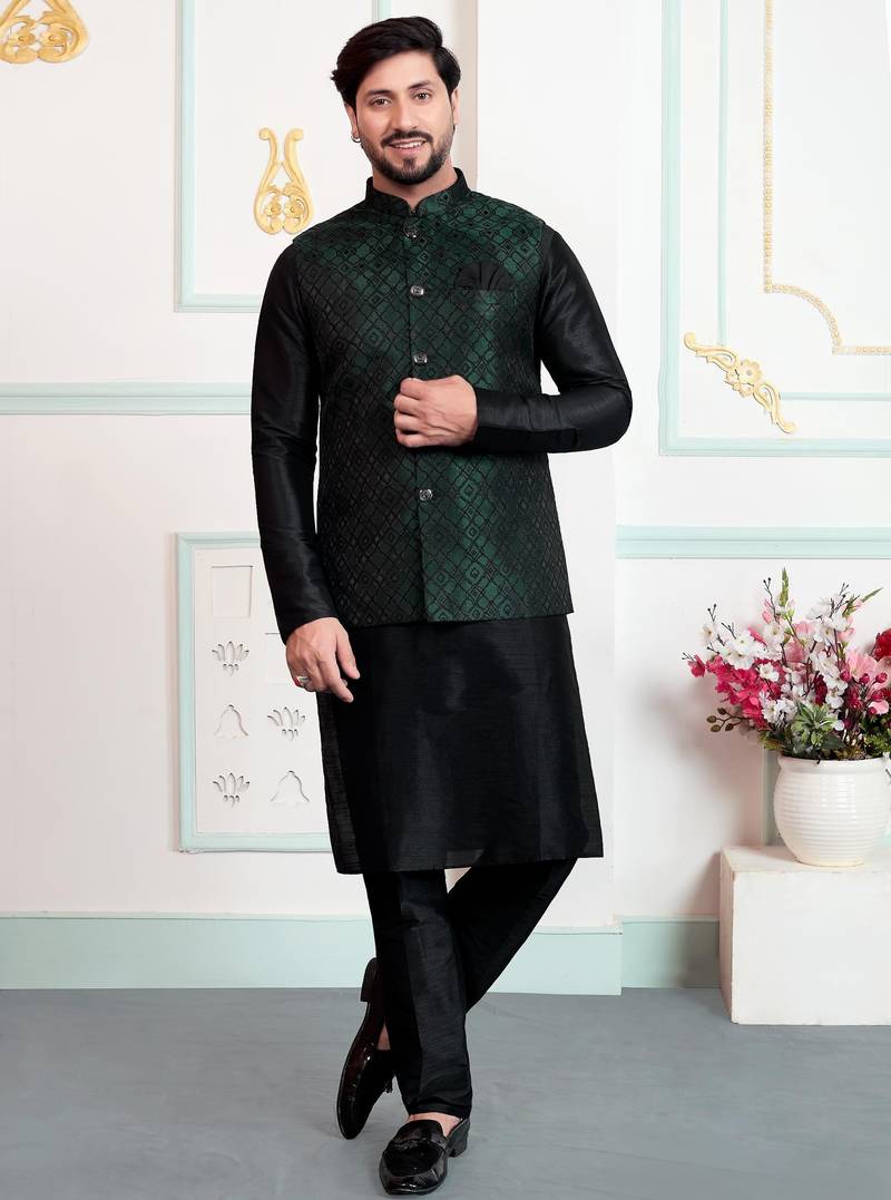 Green jacquard 3 peice kurta jacket set for men