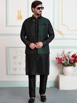 Green jacquard 3 peice kurta jacket set for men 2