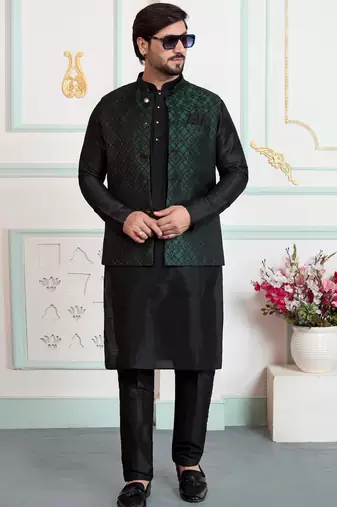 Green jacquard 3 peice kurta jacket set for men