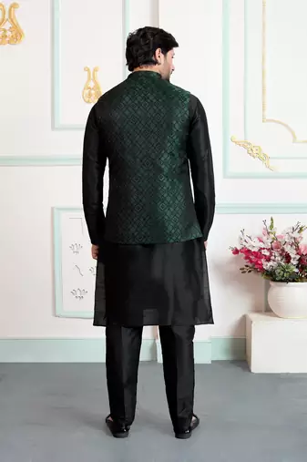 Green jacquard 3 peice kurta jacket set for men