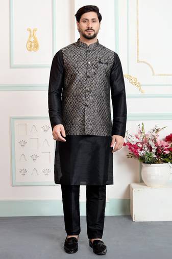 Black jacquard 3 peice kurta jacket set for men