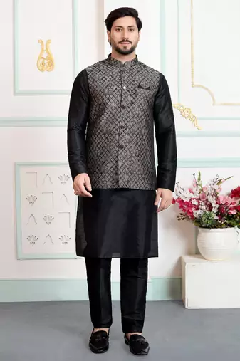 Black jacquard 3 peice kurta jacket set for men