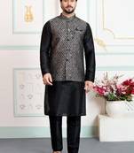 Black jacquard 3 peice kurta jacket set for men