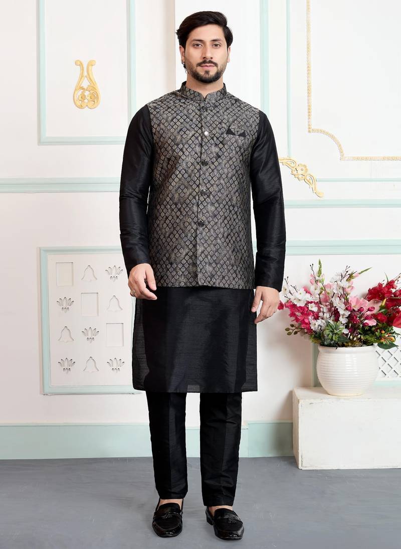Black jacquard 3 peice kurta jacket set for men