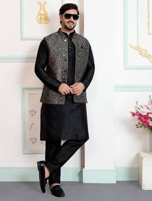 Black jacquard 3 peice kurta jacket set for men 2