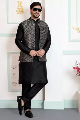 Black jacquard 3 peice kurta jacket set for men