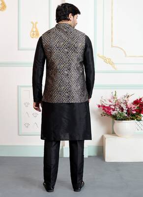Black jacquard 3 peice kurta jacket set for men 3