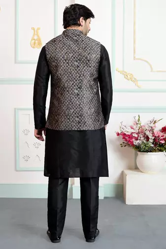 Black jacquard 3 peice kurta jacket set for men