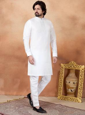 Off white art silk straight kurta for men 1