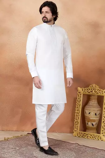 Off white art silk straight kurta for men