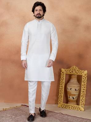 Off white art silk straight kurta for men 2