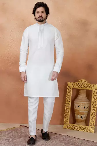 Off white art silk straight kurta for men