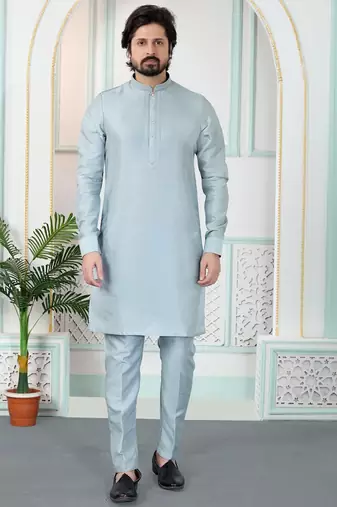 Grey art silk straight kurta for men