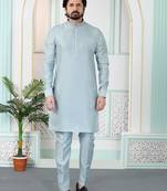 Grey art silk straight kurta for men