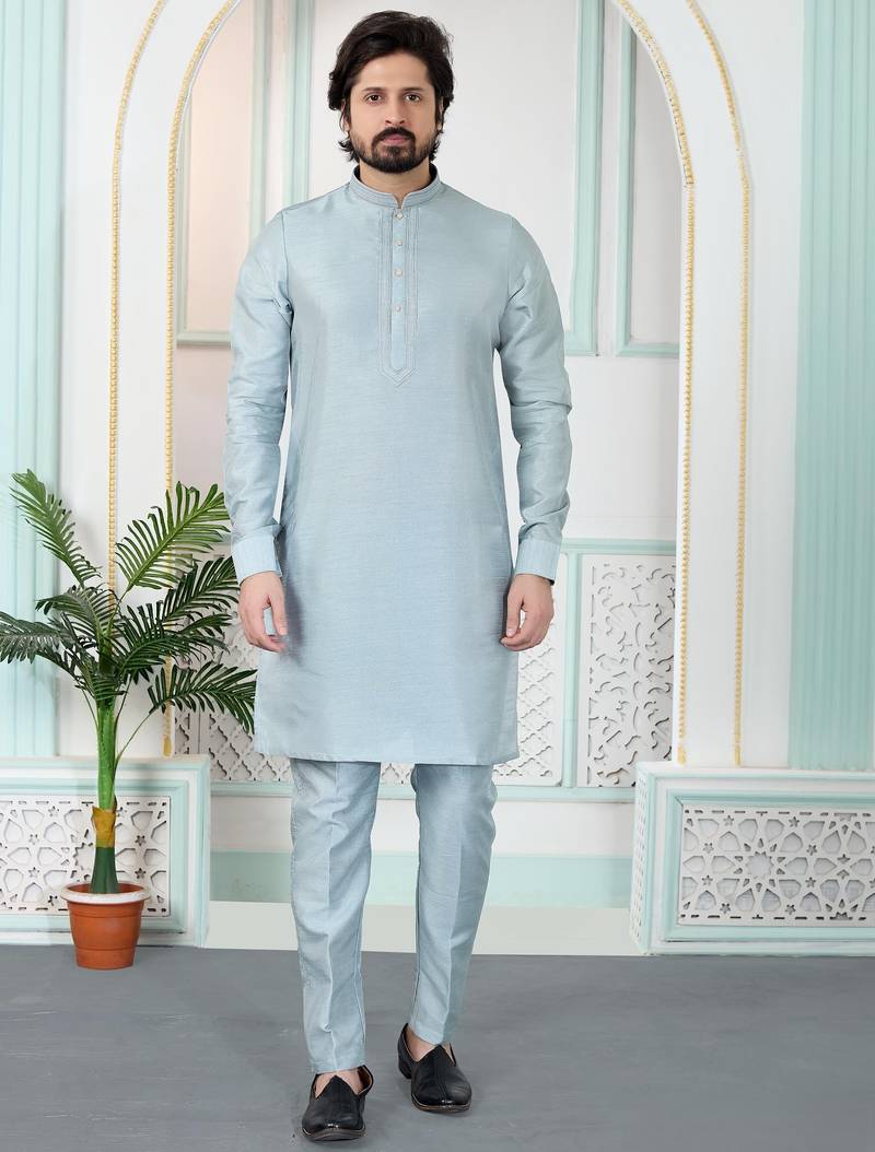 Grey art silk straight kurta for men