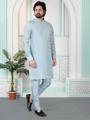 Grey art silk straight kurta for men 2