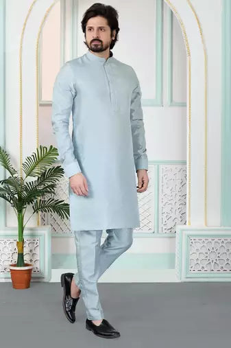 Grey art silk straight kurta for men