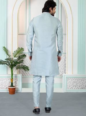 Grey art silk straight kurta for men 3