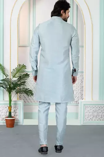 Grey art silk straight kurta for men