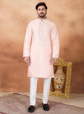 Pink art silk straight kurta for men 1