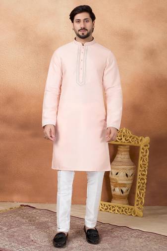 Pink art silk straight kurta for men