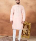 Pink art silk straight kurta for men