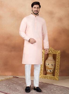 Pink art silk straight kurta for men 2
