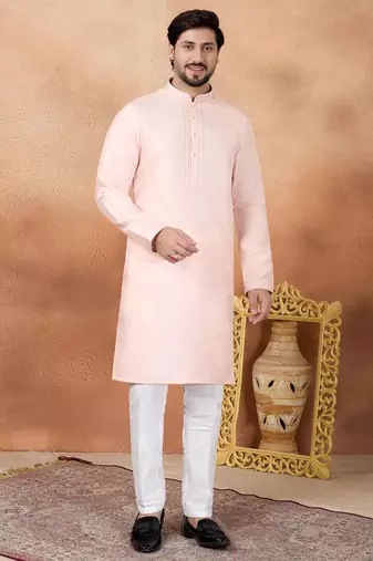 Pink art silk straight kurta for men