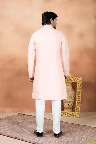 Pink art silk straight kurta for men
