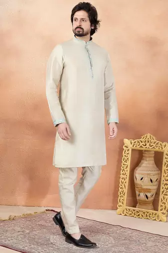 Beige art silk straight kurta for men