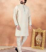 Beige art silk straight kurta for men