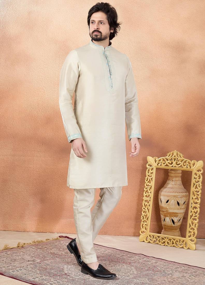 Beige art silk straight kurta for men