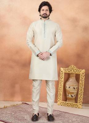 Beige art silk straight kurta for men 2