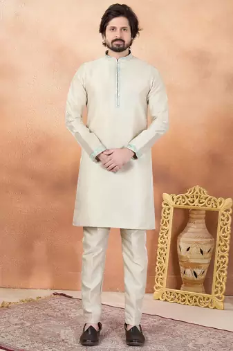 Beige art silk straight kurta for men