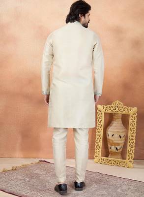 Beige art silk straight kurta for men 3
