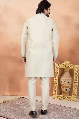 Beige art silk straight kurta for men