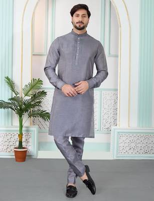 Grey art silk straight kurta for men 1
