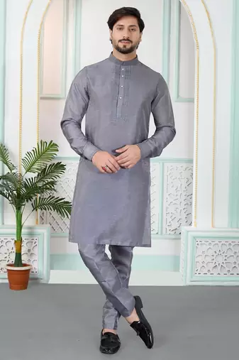 Grey art silk straight kurta for men