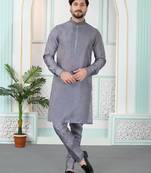 Grey art silk straight kurta for men