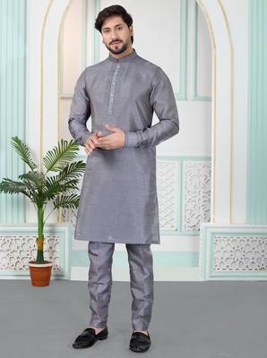 Grey art silk straight kurta for men 2