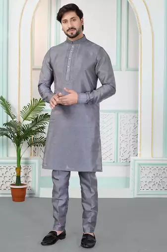 Grey art silk straight kurta for men