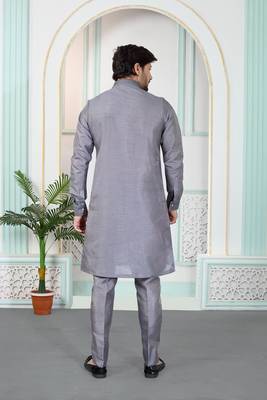 Grey art silk straight kurta for men 3