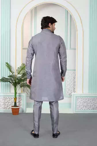 Grey art silk straight kurta for men