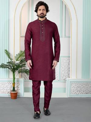 Maroon art silk straight kurta for men 1