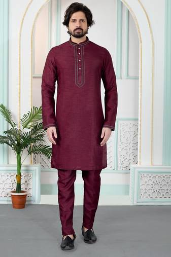 Maroon art silk straight kurta for men