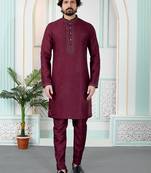 Maroon art silk straight kurta for men