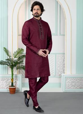 Maroon art silk straight kurta for men 2