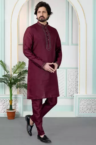 Maroon art silk straight kurta for men