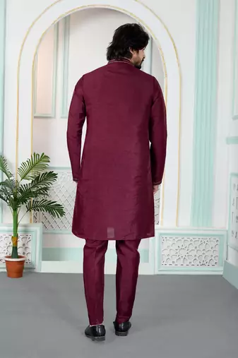 Maroon art silk straight kurta for men