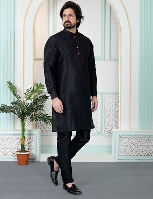 Black art silk straight kurta for men 1